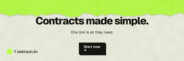 X header for contracts.io: "Contracts made simple." Paper trio style, centred layout, light palette in green, grey.