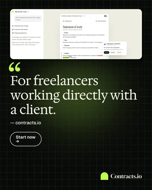 Instagram portrait post for contracts.io: "For freelancers working directly with a client." Phosphor atlas style, quote layout, dark palette in white, black, green.