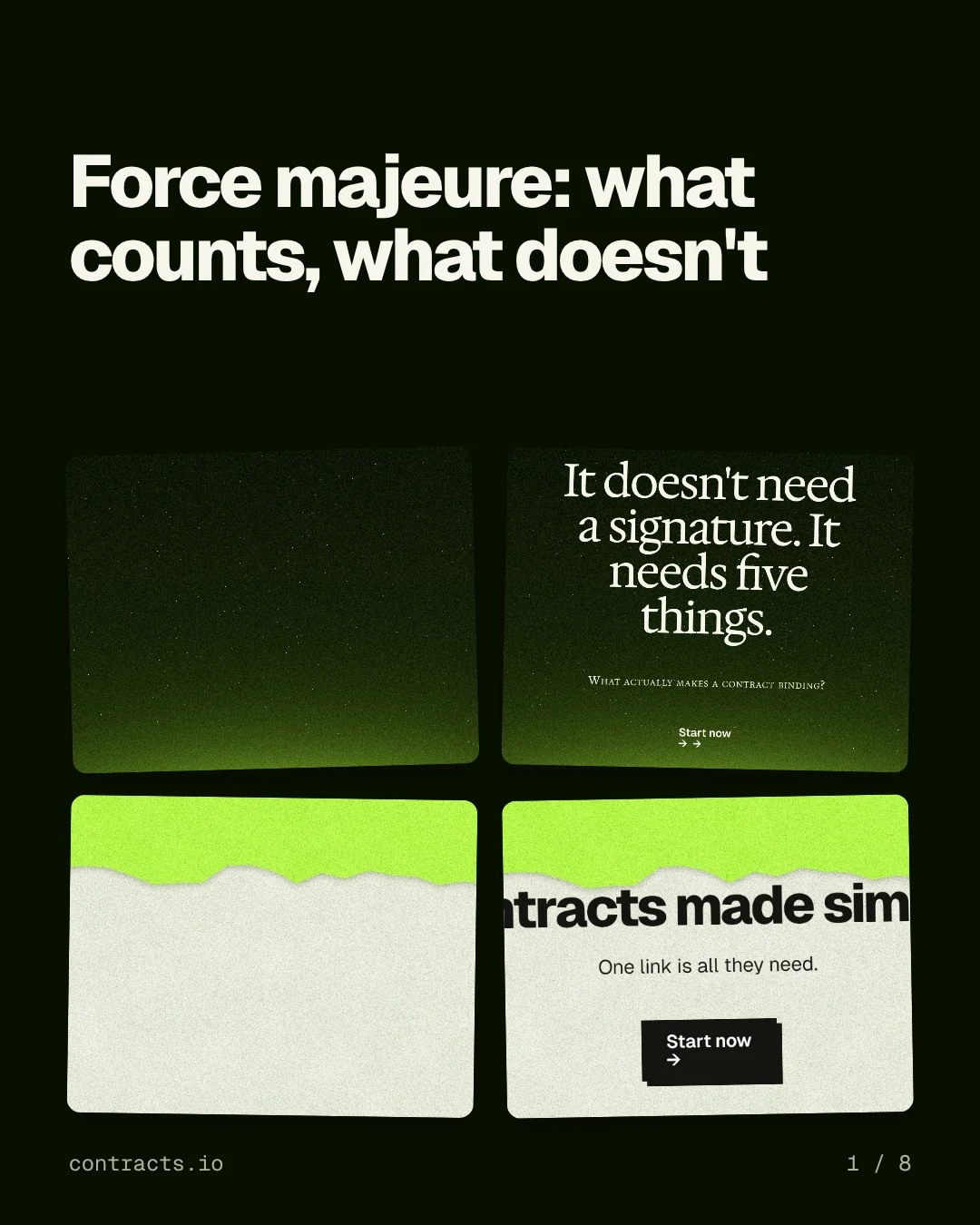 Carousel for contracts.io: "Force majeure: what counts, what doesn't". Collection carousel, 8 slides, dark palette.