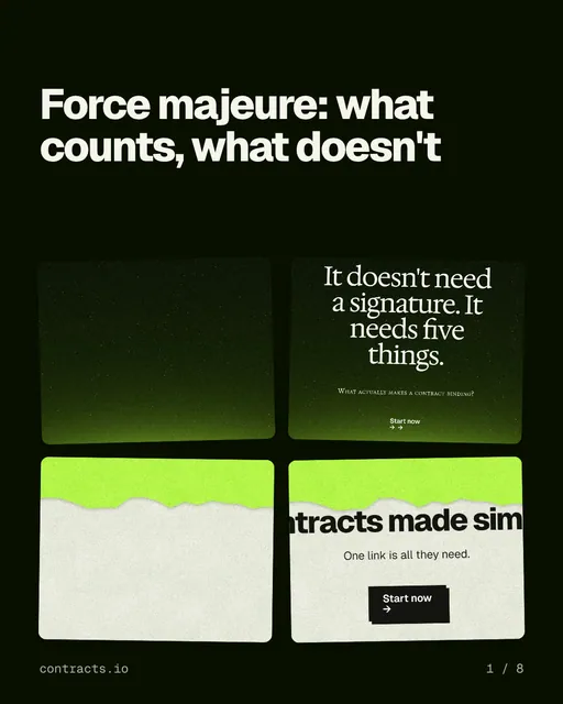 Carousel for contracts.io: "Force majeure: what counts, what doesn't". Collection carousel, 8 slides, dark palette.