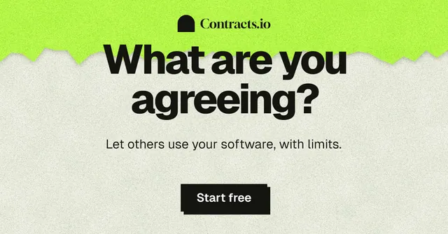 Social ad for contracts.io: "What are you agreeing?" Paper trio style, centred layout, light palette in green, grey.