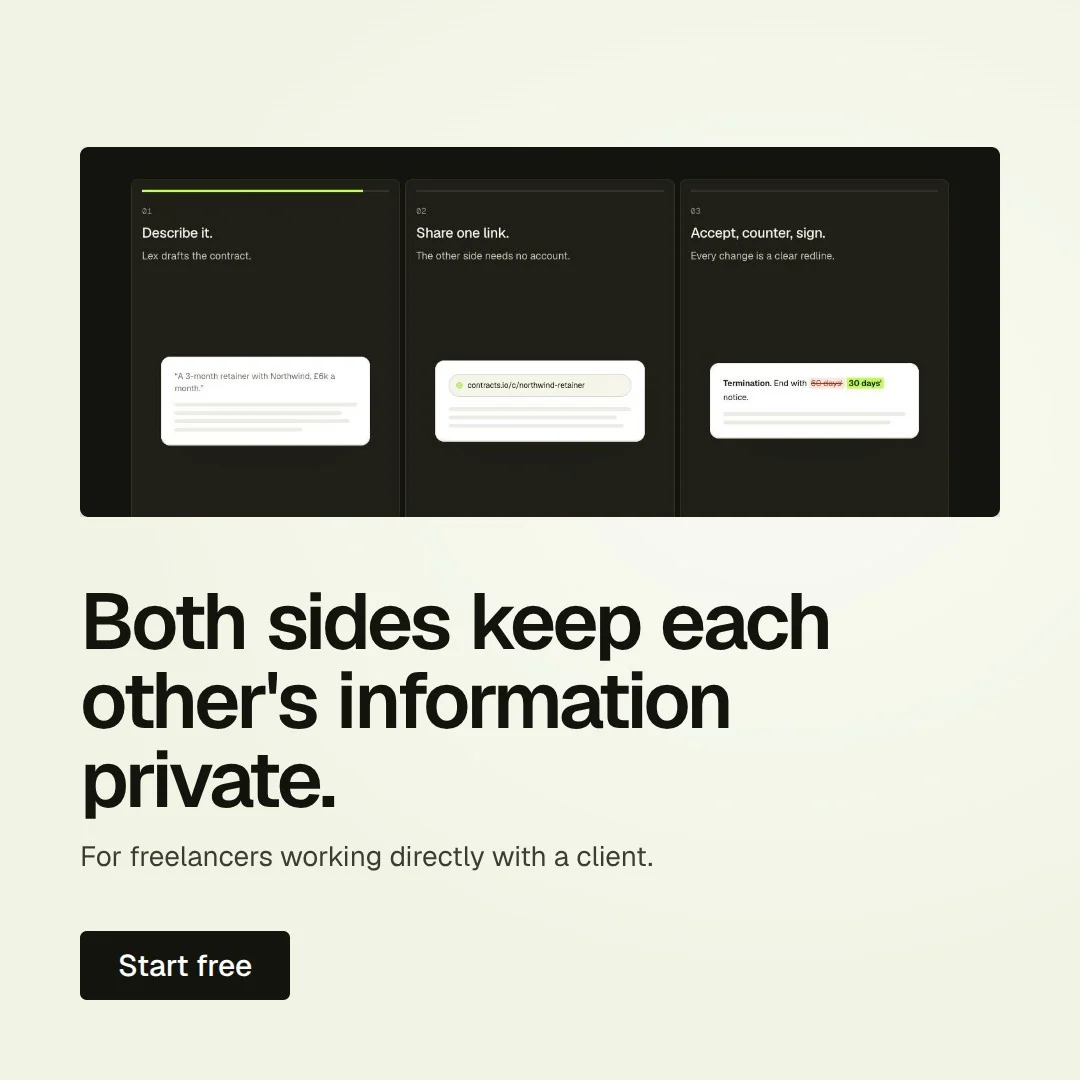 Video for contracts.io: "Both sides keep each other's information private.". Doc motion loop, 7.0 s, light palette.
