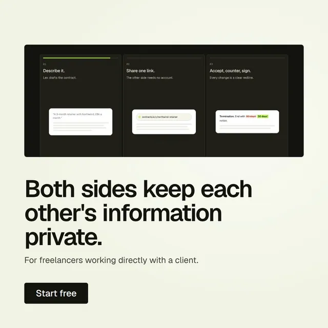 Video for contracts.io: "Both sides keep each other's information private.". Doc motion loop, 7.0 s, light palette.