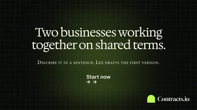 Landscape graphic for contracts.io: "Two businesses working together on shared terms." Phosphor atlas style, smallcaps layout, dark palette in black, green.