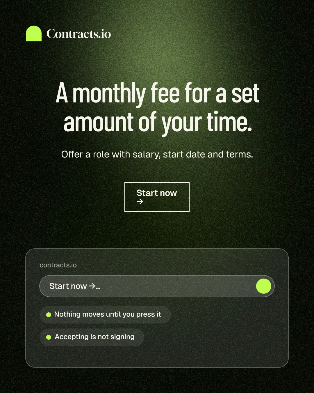 Instagram portrait post for contracts.io: "A monthly fee for a set amount of your time." Dark deco style, centred layout, dark palette in black, green, grey.