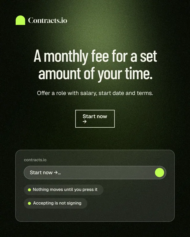 Instagram portrait post for contracts.io: "A monthly fee for a set amount of your time." Dark deco style, centred layout, dark palette in black, green, grey.