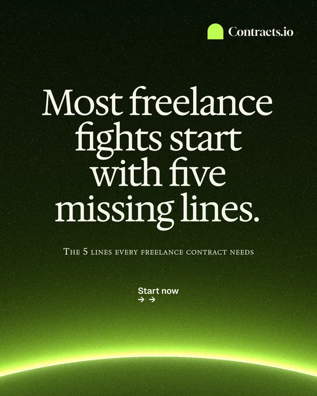 Instagram portrait post for contracts.io: "Most freelance fights start with five missing lines." Swiss style, smallcaps layout, dark palette in black, green.