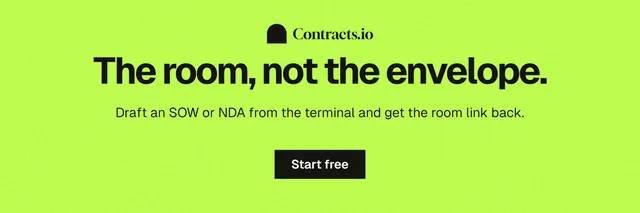 X header for contracts.io: "The room, not the envelope." Swiss style, centred layout, light palette in green.