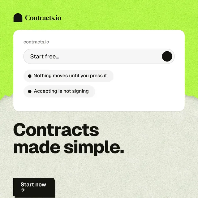Instagram post for contracts.io: "Contracts made simple." Paper trio style, bottom layout, light palette in white, green, yellow.