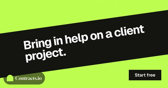 Social ad for contracts.io: "Bring in help on a client project." Swiss style, diagonal layout, light palette in green, black, grey.