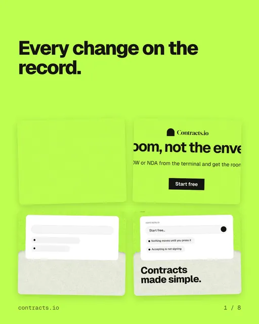 Carousel for contracts.io: "Every change on the record.". Collection carousel, 8 slides, light palette.