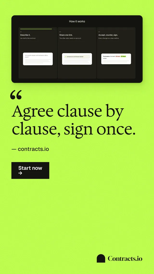 Instagram story for contracts.io: "Agree clause by clause, sign once." Swiss style, quote layout, light palette in green.