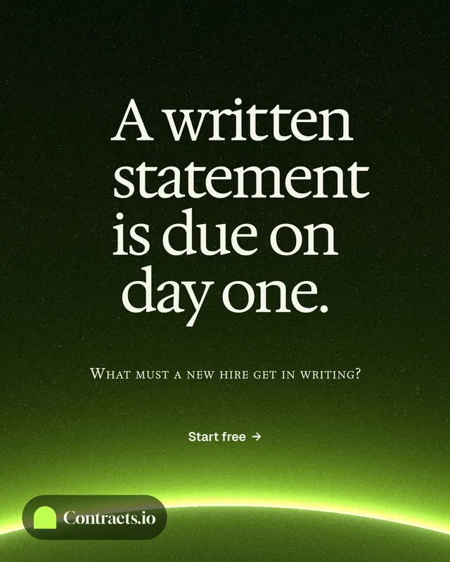 Instagram portrait post for contracts.io: "A written statement is due on day one." Swiss style, smallcaps layout, dark palette in green, black.