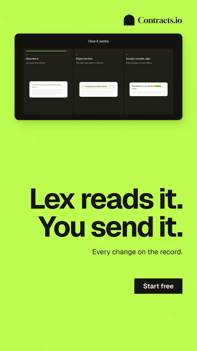Instagram story for contracts.io: "Lex reads it. You send it." Swiss style, right layout, light palette in green, black.