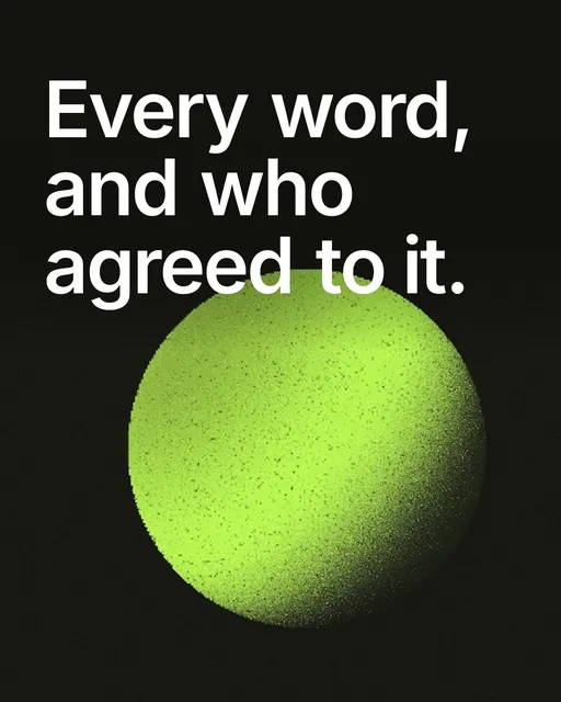 Video for contracts.io: "Every word, and who agreed to it.". Shader loop, 6.0 s, dark palette.