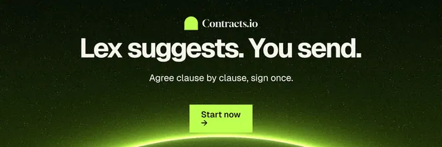 X header for contracts.io: "Lex suggests. You send." Swiss style, centred layout, dark palette in black, green.