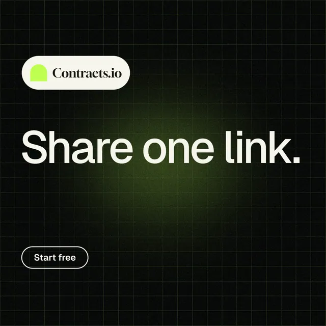 Instagram post for contracts.io: "Share one link." Phosphor atlas style, announce layout, dark palette in black, grey.