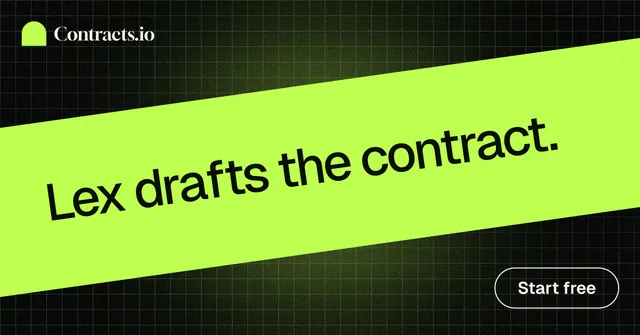 Social ad for contracts.io: "Lex drafts the contract." Phosphor atlas style, diagonal layout, light palette in green, black.