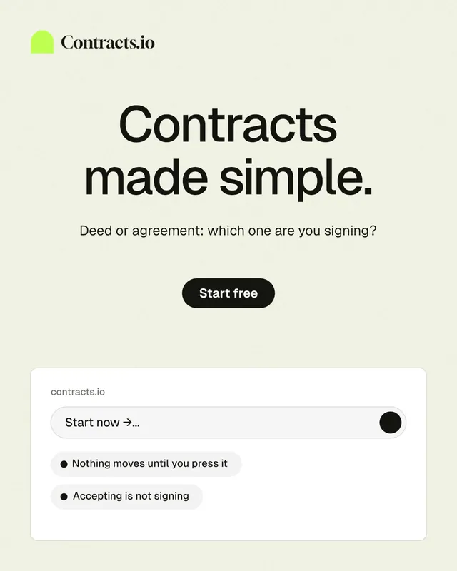 Instagram portrait post for contracts.io: "Contracts made simple." Data card style, centred layout, light palette in white, grey.