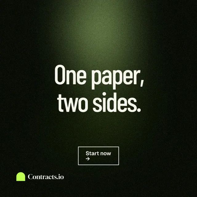 Instagram post for contracts.io: "One paper, two sides." Dark deco style, centred layout, dark palette in black, grey.