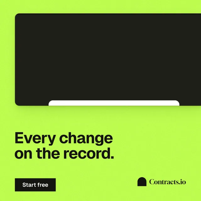 Instagram post for contracts.io: "Every change on the record." Swiss style, bottom layout, light palette in green, black.