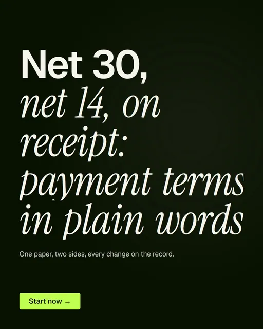 Video for contracts.io: "Net 30, net 14, on receipt: payment terms in plain words". Doc motion loop, 8.0 s, dark palette.