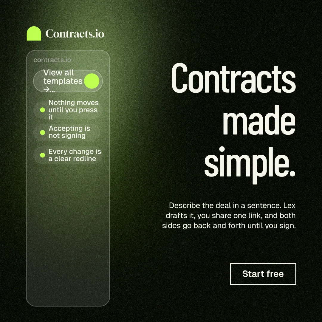 Instagram post for contracts.io: "Contracts made simple." Dark deco style, right layout, dark palette in green, black, grey.
