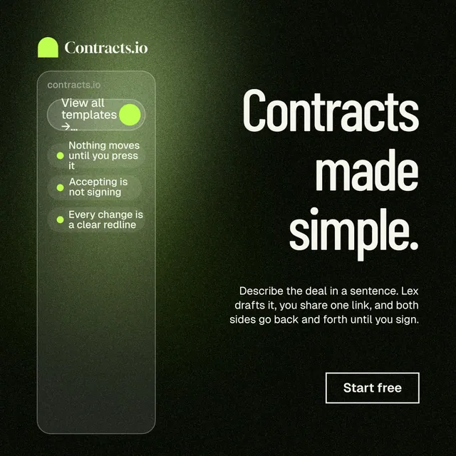 Instagram post for contracts.io: "Contracts made simple." Dark deco style, right layout, dark palette in green, black, grey.