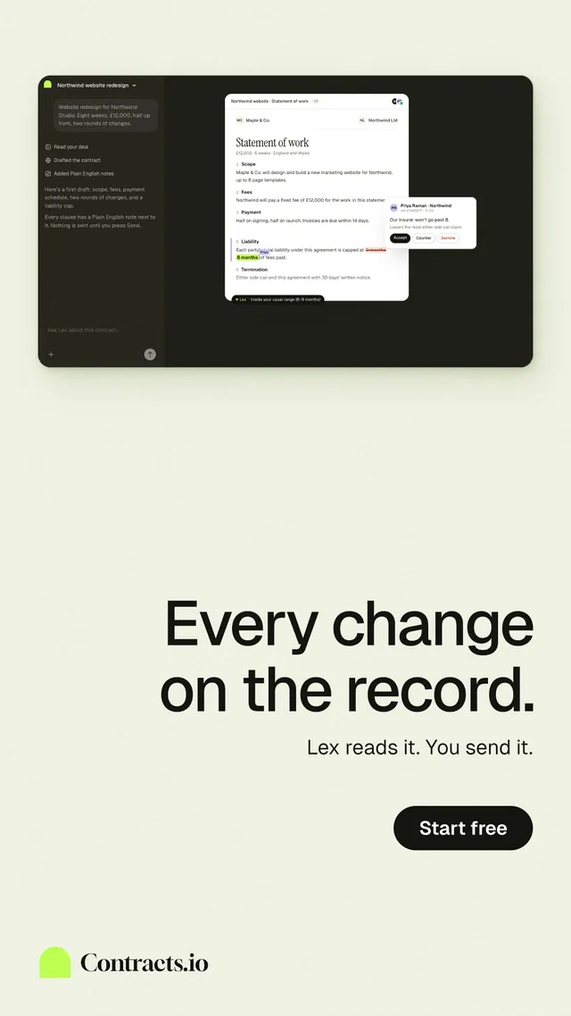 Instagram story for contracts.io: "Every change on the record." Data card style, right layout, light palette in white, black, green.