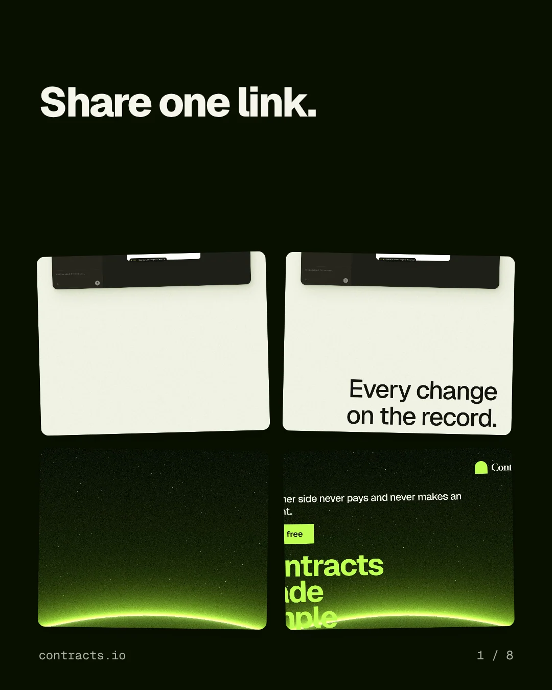 Carousel for contracts.io: "Share one link.". Collection carousel, 8 slides, dark palette.