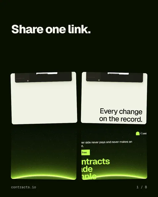 Carousel for contracts.io: "Share one link.". Collection carousel, 8 slides, dark palette.