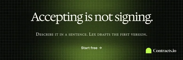 X header for contracts.io: "Accepting is not signing." Phosphor atlas style, smallcaps layout, dark palette in black, green.