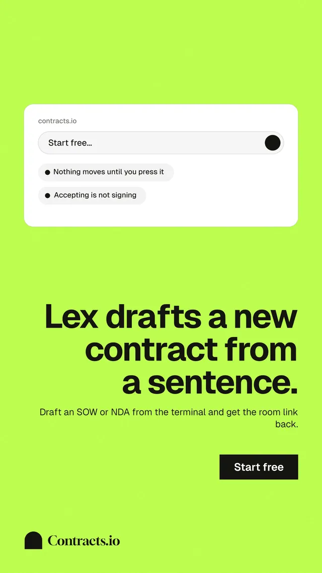 Instagram story for contracts.io: "Lex drafts a new contract from a sentence." Swiss style, right layout, light palette in green.