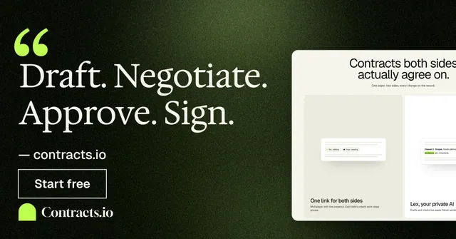 Social ad for contracts.io: "Draft. Negotiate. Approve. Sign." Dark deco style, quote layout, dark palette in black, grey, yellow.