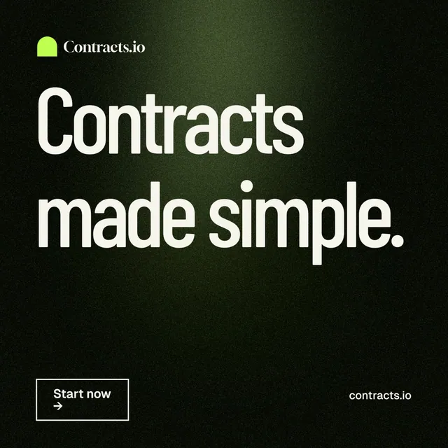 Instagram post for contracts.io: "Contracts made simple." Dark deco style, poster layout, dark palette in black, grey.
