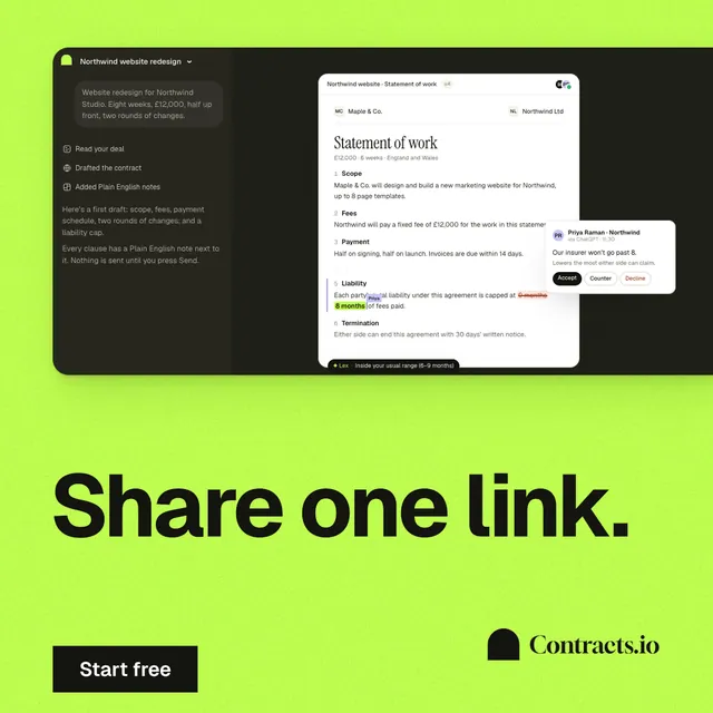 Instagram post for contracts.io: "Share one link." Swiss style, bottom layout, light palette in black, green.