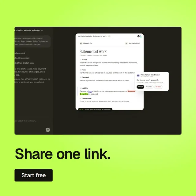 Video for contracts.io: "Share one link.". Doc motion loop, 6.0 s, light palette.