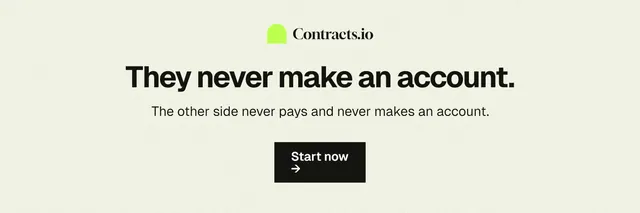 X header for contracts.io: "They never make an account." Swiss style, centred layout, light palette in white, grey.