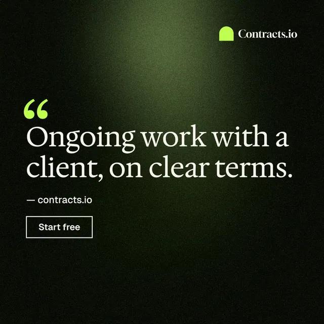 Instagram post for contracts.io: "Ongoing work with a client, on clear terms." Dark deco style, quote layout, dark palette in black, green.