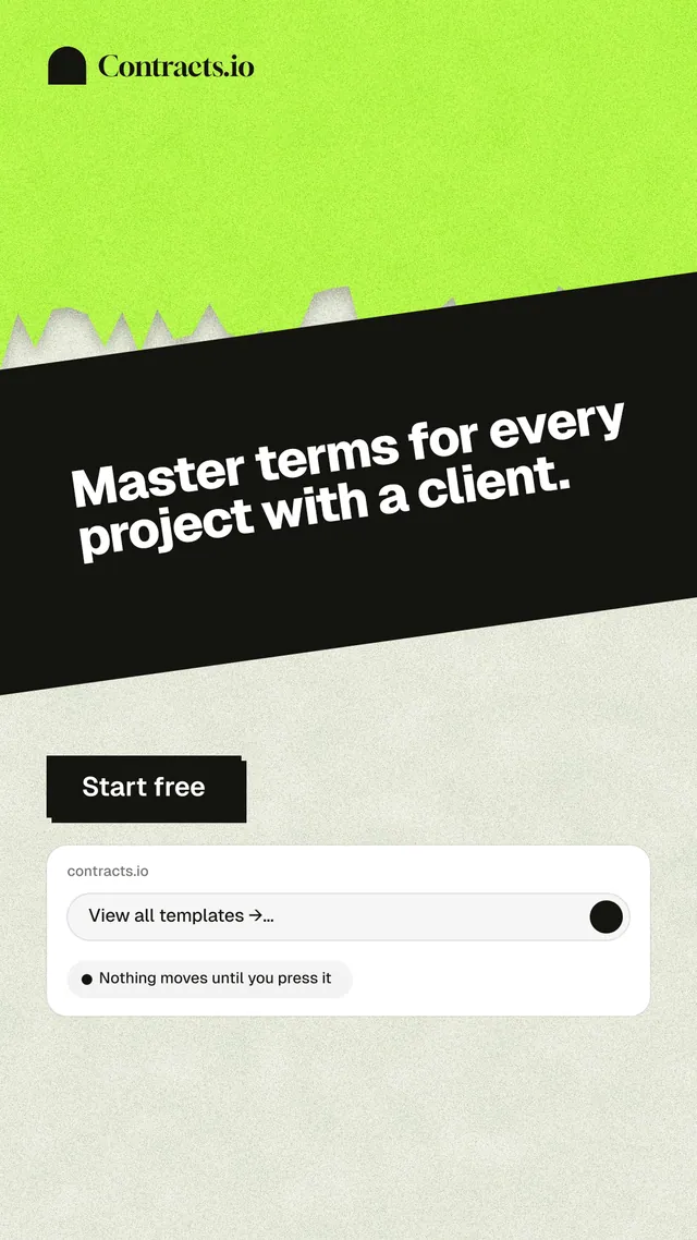 Instagram story for contracts.io: "Master terms for every project with a client." Paper trio style, diagonal layout, light palette in green, black, white.