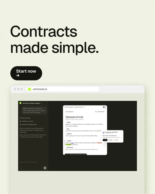 Instagram portrait post for contracts.io: "Contracts made simple." Data card style, browser layout, light palette in green, black, white.