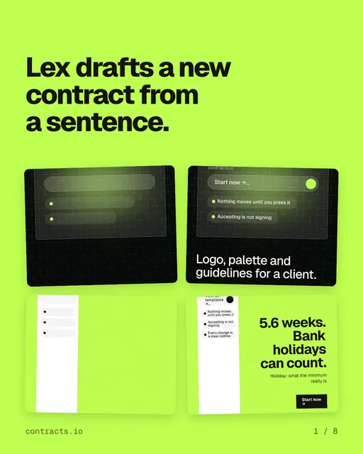 Carousel for contracts.io: "Lex drafts a new contract from a sentence.". Collection carousel, 8 slides, light palette.