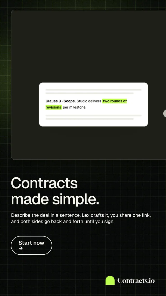 Instagram story for contracts.io: "Contracts made simple." Phosphor atlas style, bottom layout, dark palette in black, grey.