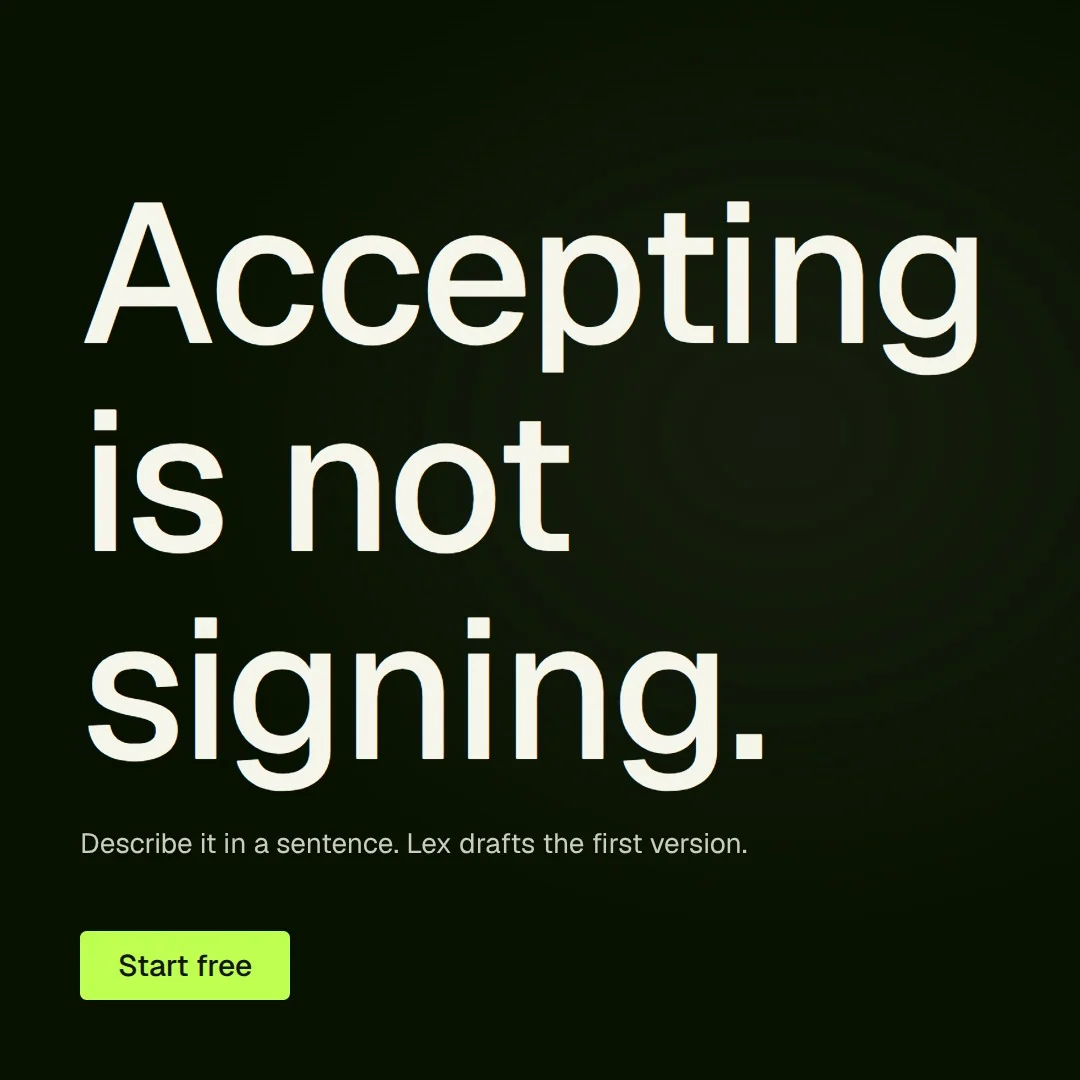 Video for contracts.io: "Accepting is not signing.". Doc motion loop, 8.0 s, dark palette.