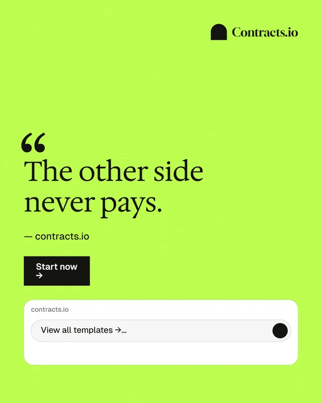 Instagram portrait post for contracts.io: "The other side never pays." Swiss style, quote layout, light palette in green, white.