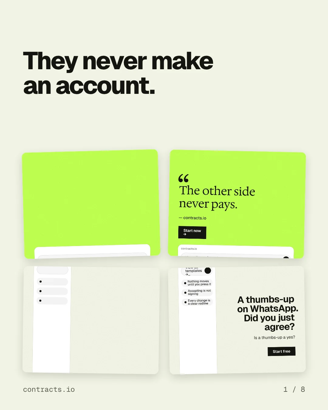 Carousel for contracts.io: "They never make an account.". Collection carousel, 8 slides, light palette.