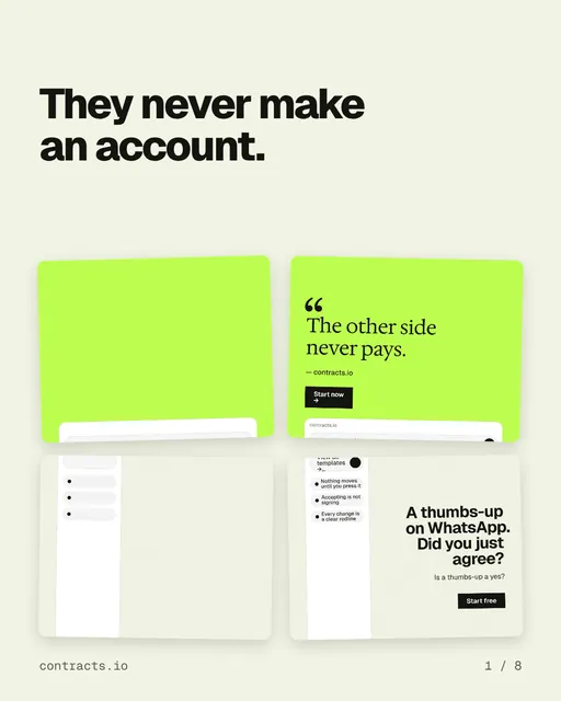 Carousel for contracts.io: "They never make an account.". Collection carousel, 8 slides, light palette.
