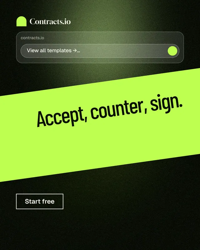 Instagram portrait post for contracts.io: "Accept, counter, sign." Dark deco style, diagonal layout, dark palette in black, green.