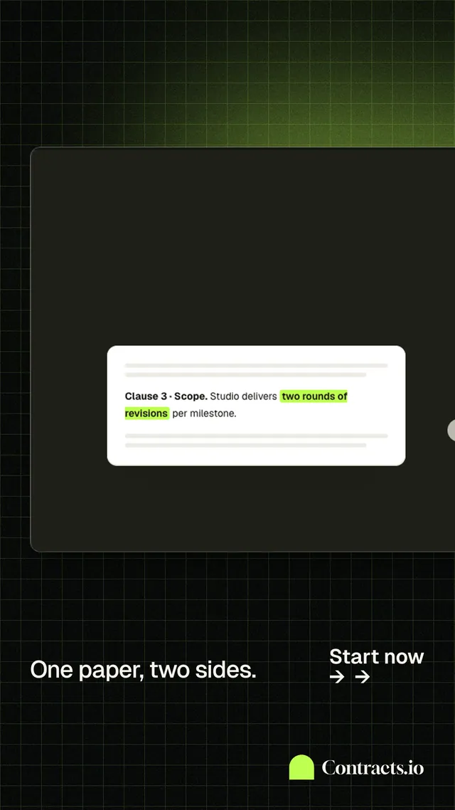 Instagram story for contracts.io: "One paper, two sides." Phosphor atlas style, image led layout, dark palette in black, grey.