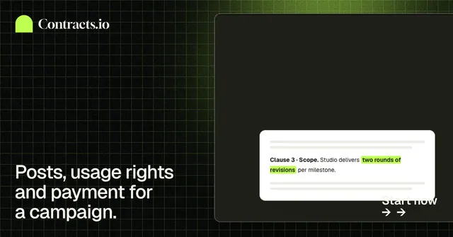 Social ad for contracts.io: "Posts, usage rights and payment for a campaign." Phosphor atlas style, image led layout, dark palette in black, white.